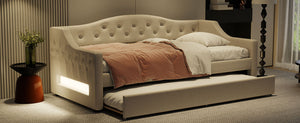 English Elm Upholstered Twin XL Daybed with Built-In LED Belt and Trundle, Linen Backrest, Modern Guest Bed Beige DL002050AAA