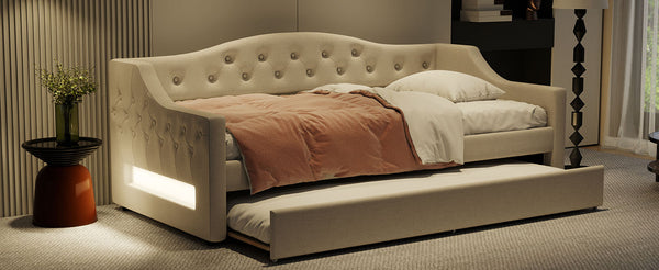 English Elm Upholstered Twin XL Daybed with Built-In LED Belt and Trundle, Linen Backrest, Modern Guest Bed Beige DL002050AAA