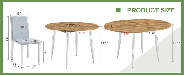 English Elm Table Set Extendable Round to Oval Wood Grain Top with Four Gray Pu Dining Chairs W1151S04833