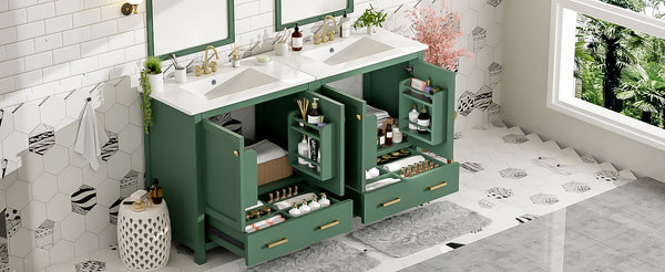 English Elm 60" Green Bathroom Vanity Set with Double Ceramic Sinks, Solid Wood Storage, Soft-Close Doors, Modern Durable Design N729P000001F