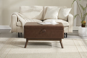 English Elm Mid-century square storage bench with solid wood frame, microfiber upholstery, versatile ottoman seat and tabletop functionality for living room and entryway appeal Brown PU W1539P269658