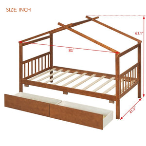 English Elm Twin House Bed Solid Pine Kids Cottage Frame with Storage Drawers Imaginative Room Walnut N708P309245L