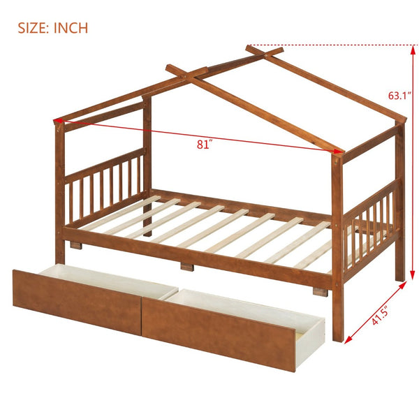 English Elm Twin House Bed Solid Pine Kids Cottage Frame with Storage Drawers Imaginative Room Walnut N708P309245L