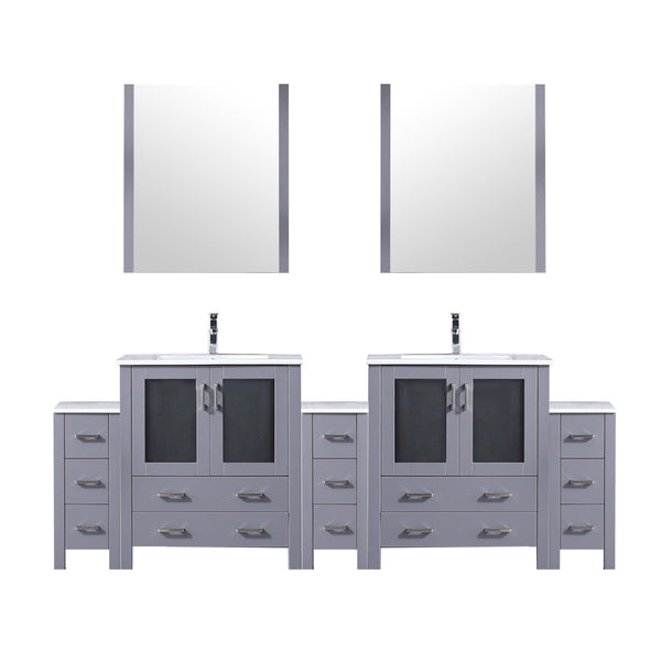 English Elm Dark Grey Double Bath Vanity 96" W with Side Cabinets, White Ceramic Top, Mirrors & Chrome Faucet Set B2731S01224