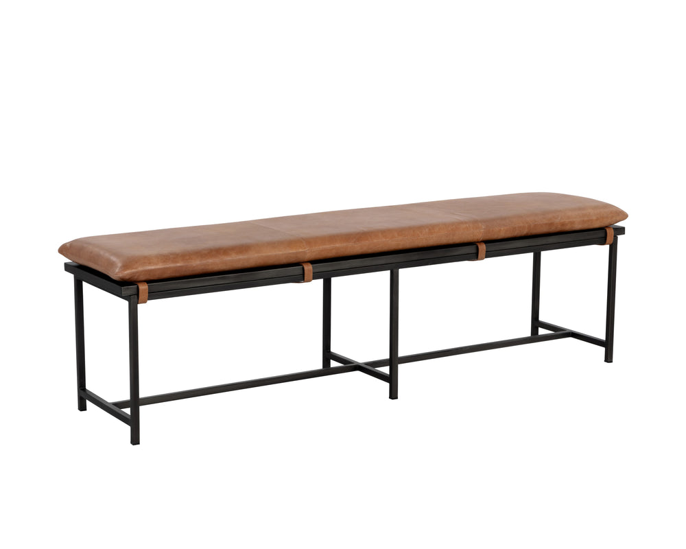 Sunpan Zancor Bench - Timeless Tan Leather Elegance with Gunmetal Steel Frame for Unique Home Style