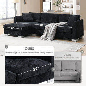 English Elm 96*56" Modern Cloud Sectional Sofa with Oversized Chaise, Luxurious Chenille 4-Seat, Aluminum Legs Black N723S6037B