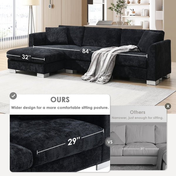 English Elm 96*56" Modern Cloud Sectional Sofa with Oversized Chaise, Luxurious Chenille 4-Seat, Aluminum Legs Black N723S6037B