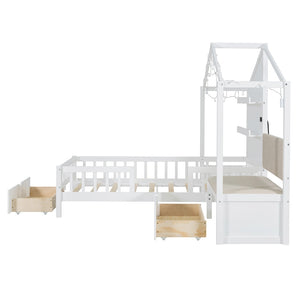 English Elm Twin House Bed Frame with Sofa Seating Led Lighting Drawers and Wireless Charging LP000521AAK-1