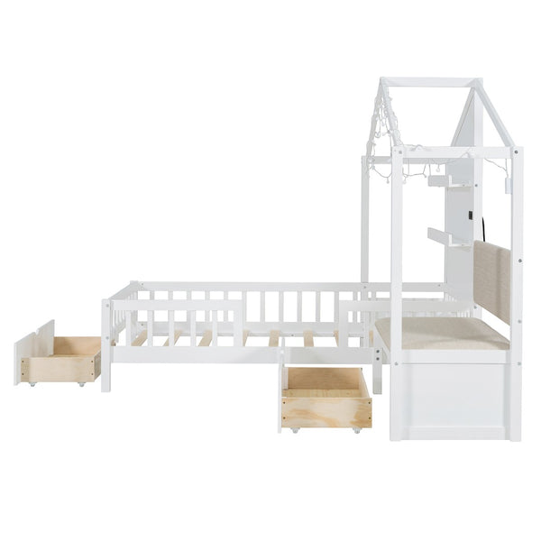 English Elm Twin House Bed Frame with Sofa Seating Led Lighting Drawers and Wireless Charging LP000521AAK-1