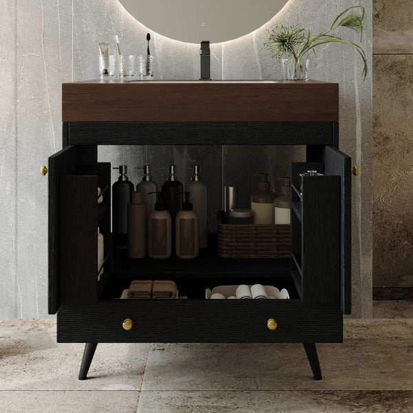 English Elm Contemporary Freestanding Bathroom Vanity Sintered Stone Top Ceramic Sink Storage Cabinet W3136S00060