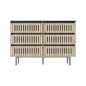 English Elm Fluted,Bedroom Six-Drawer Storage Cabinet Natural+Black | Fluted Vertical Design, Large Capacity, Modern Minimalist Front and Legs 51.96"L W2673P208587