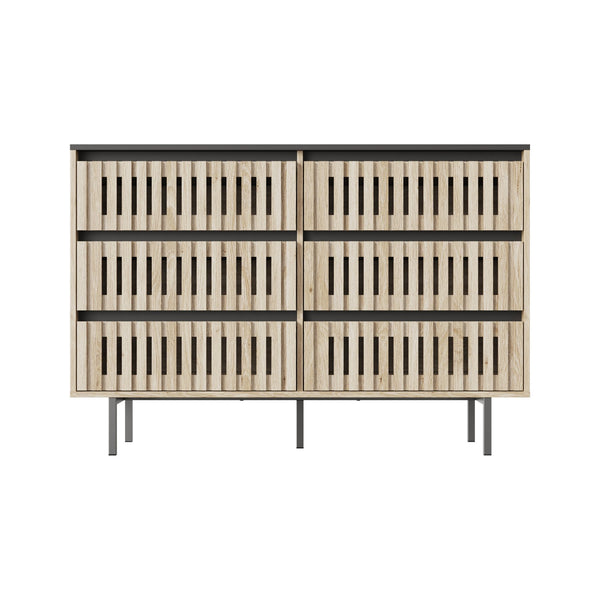 English Elm Fluted,Bedroom Six-Drawer Storage Cabinet Natural+Black | Fluted Vertical Design, Large Capacity, Modern Minimalist Front and Legs 51.96"L W2673P208587
