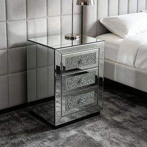 English Elm 3-drawer Mirrored Nightstand with Glitter Glam Silver Finish for Bedroom or Entryway W3935P462091