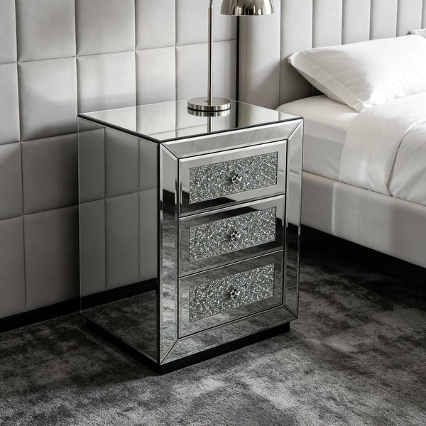 English Elm 3-drawer Mirrored Nightstand with Glitter Glam Silver Finish for Bedroom or Entryway W3935P462091