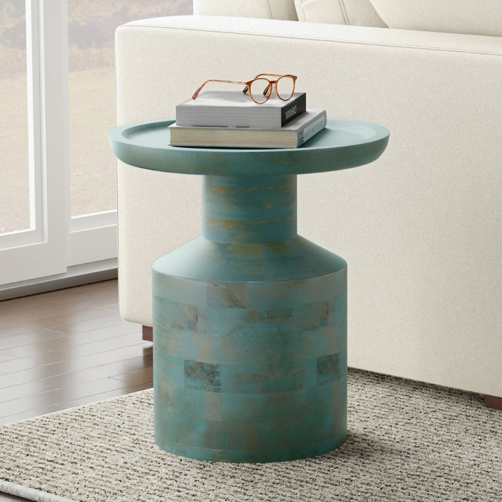 English Elm Haynes Solid Mango Wood Accent Table Teal Wash Finish Bohemian Plant Stand B136P419864