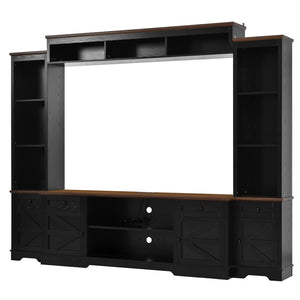 English Elm U-can Farmhouse Wall Unit with Barn Doors Built-in Power Outlets and Open Shelving Black+Brown SJ000154AAB