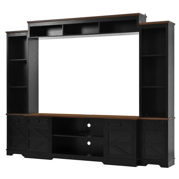 English Elm U-can Farmhouse Wall Unit with Barn Doors Built-in Power Outlets and Open Shelving Black+Brown SJ000154AAB