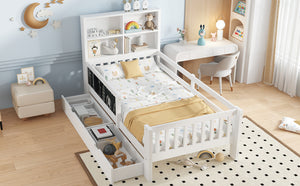 English Elm Twin Chalkboard Platform Bed with Drawers & Shelves, Solid Wood Kids Bed with Storage and Creative Headboard White W1580P362704