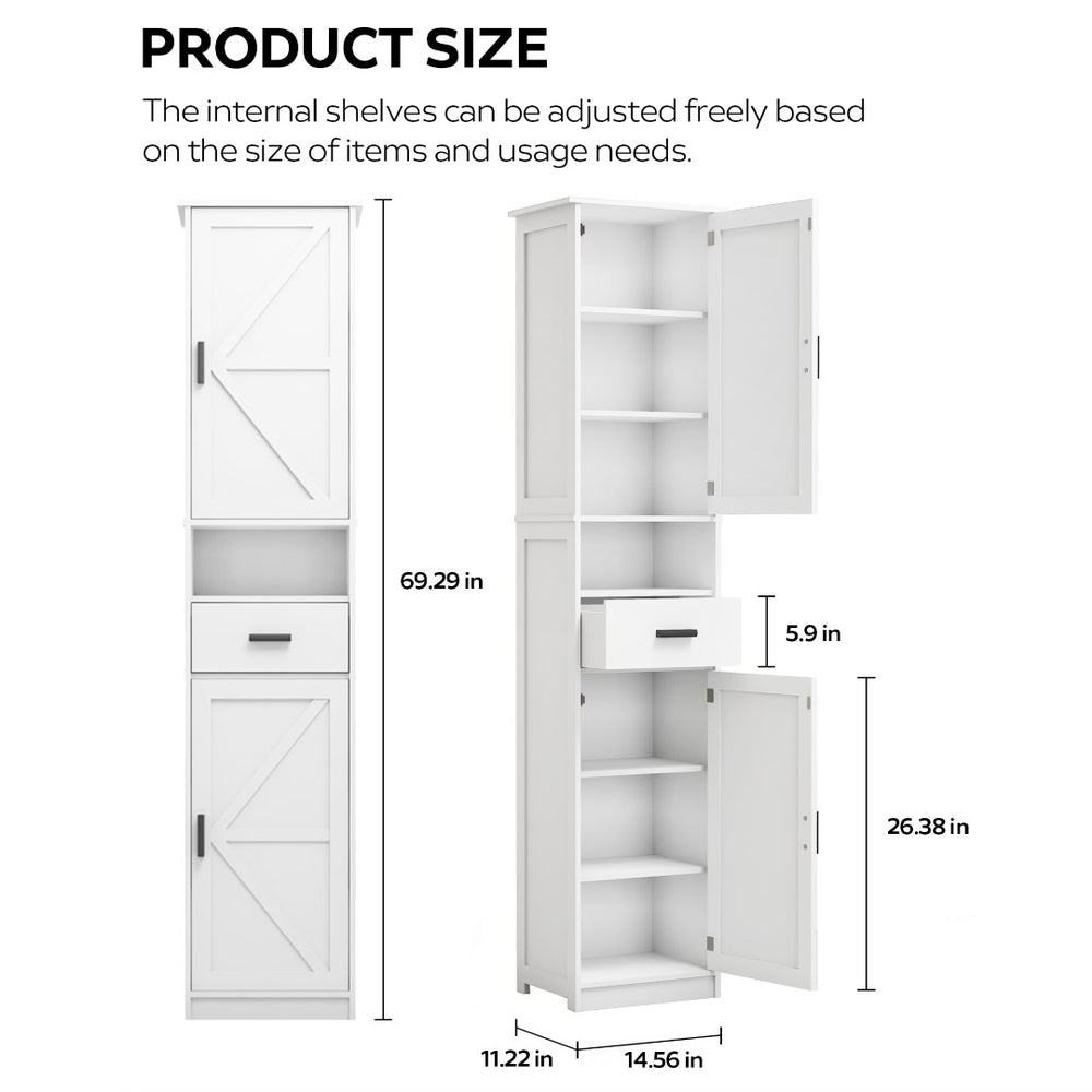 English Elm 69" Tall Slim Barn Door Floor Cabinet with Drawer and Adjustable Shelves for Any Room White W2386P207737
