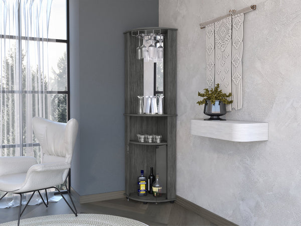 English Elm Oregon Elegant Corner Bar Cabinet with Mirrored Center, Glass Doors, Wine Rack & 3-Tier Shelves B128P176139