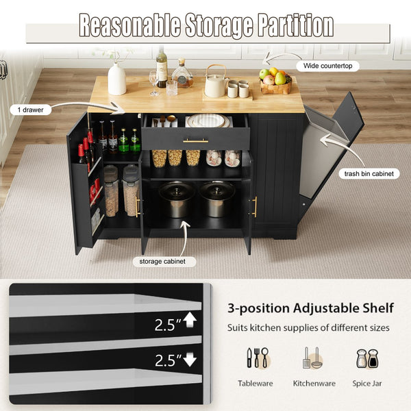 English Elm 53'' Kitchen Island with Drawers & Trash Storage, Modern Farmhouse Black, 53.2"x20.9"x38" Durable Design W1820P266160