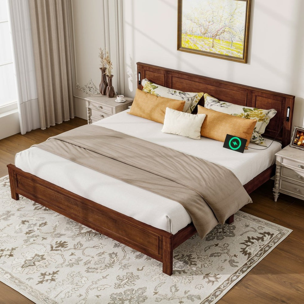 English Elm King Pine Wood Platform Bed with Led Lighting Usb Charging Tall Panel Headboard Walnut W504S00275