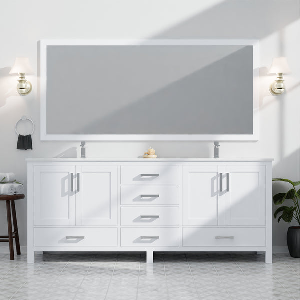 English Elm White Double Bath Vanity 84-inch W x 22-inch D with White Quartz Top, Soft-Close Drawers & Mirrors B2731S00847