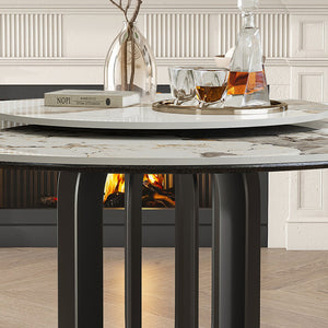 English Elm 53" Round Sintered Stone Dining Table With Lazy Susan & Carbon Steel Base - Modern Kitchen Elegance W2699S00042