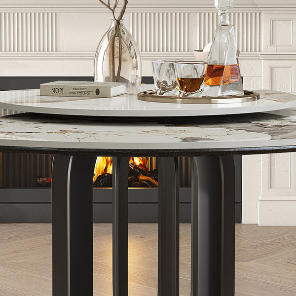 English Elm 53" Round Sintered Stone Dining Table With Lazy Susan & Steel Base – Perfect For Modern Homes! W2699S00044