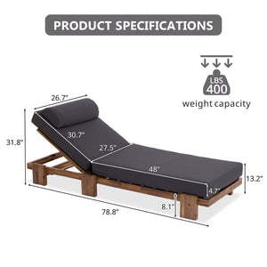 English Elm U_style Acacia Wood Outdoor Chaise Lounge with Retractable Tray and Padded Headrest Dark Gray WY000473AAE