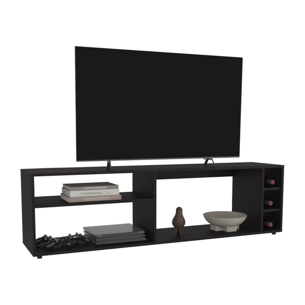 English Elm Tv Stand with Three Open Shelves for Media Storage and Decor, Slim Profile, Eco-Friendly Engineered Wood Black 68.5 L x 18.9 W x 3.54 H B097P296884