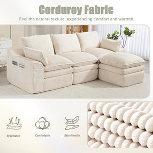 English Elm L Shaped Corduroy Modular Sectional with Cloud Cushions Footstool and Lumbar Pillows Beige W395S00141