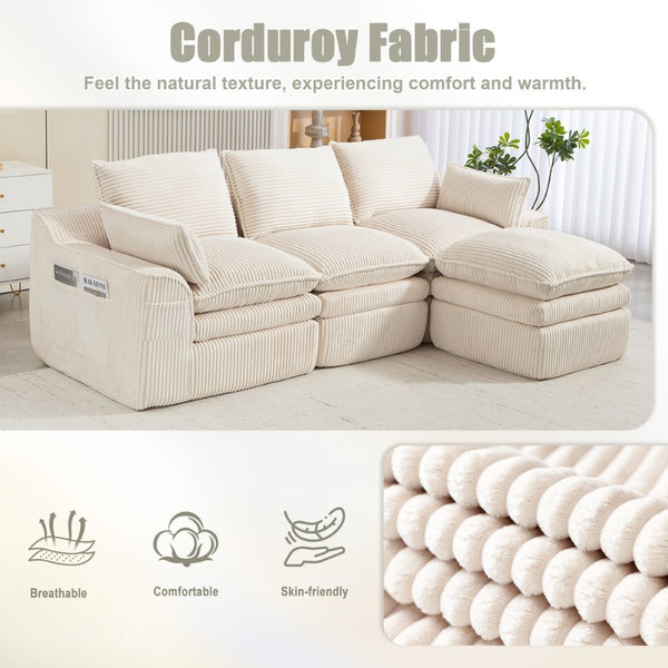 English Elm L Shaped Corduroy Modular Sectional with Cloud Cushions Footstool and Lumbar Pillows Beige W395S00141