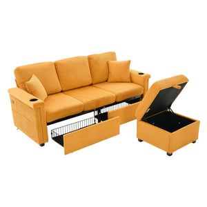 English Elm UNITED Corduroy L-Shaped Sectional Sofa with Storage Ottoman, USB Ports, Cup Holders & LED Lighting Mustard yellow W1568P332403