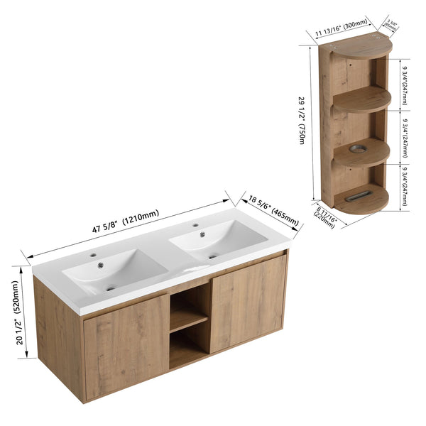 English Elm 48" Wall-Mounted Bathroom Vanity With Double Sink, Soft-Close Doors & Storage Rack For Modern Homes W999S00346