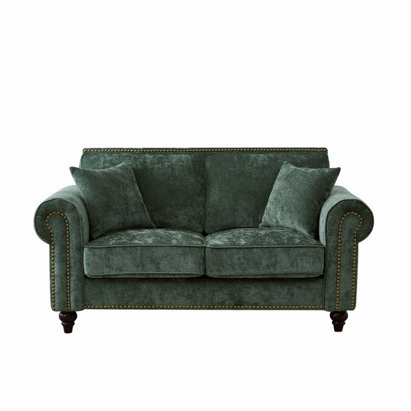 English Elm 63" Modern 2-Seater Sofa with Chenille Velvet, Rolled Arms, Nailhead Trim, Solid Wood Frame Durable Green W3373S00043