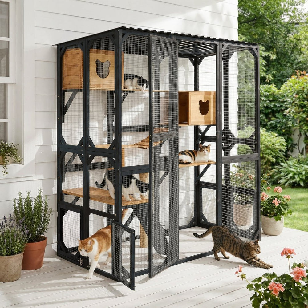 English Elm Outdoor Fir Wood Window Catio Enclosure with Four Climbing Platforms for Cats Black,Brown N719P418377D