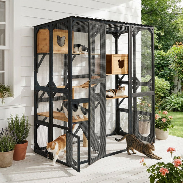 English Elm Outdoor Fir Wood Window Catio Enclosure with Four Climbing Platforms for Cats Black,Brown N719P418377D