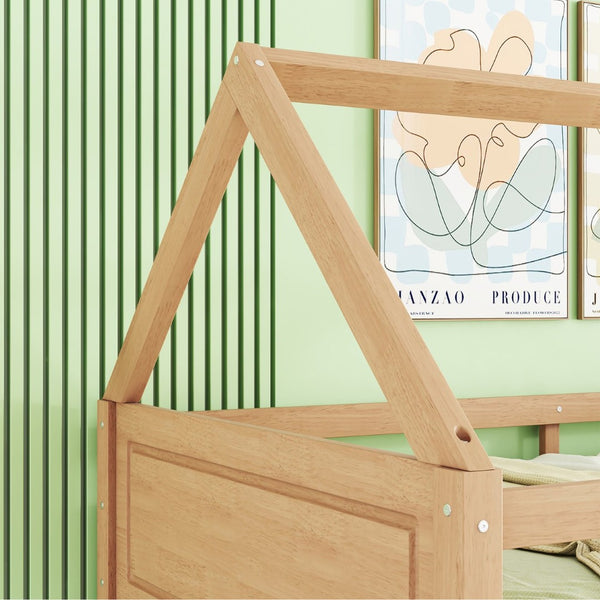 English Elm Twin House Floor Bunk Bed With Guardrails & Ladder - Solid Rubberwood, White Oak Finish, Ideal For Kids W504P227942-GIGA