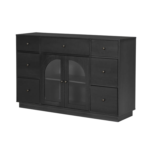 English Elm Christopher Knight Home® - Cabinet roomy storage console with 2 doors, 7 drawers, glass accents and manufactured wood build, large Black N780P330601B