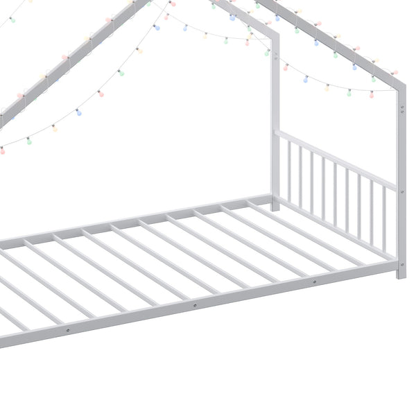 English Elm Twin iron roof bed frame with LED light strips for kids, sturdy 350lb capacity, easy 30-min assembly White W1820P308330