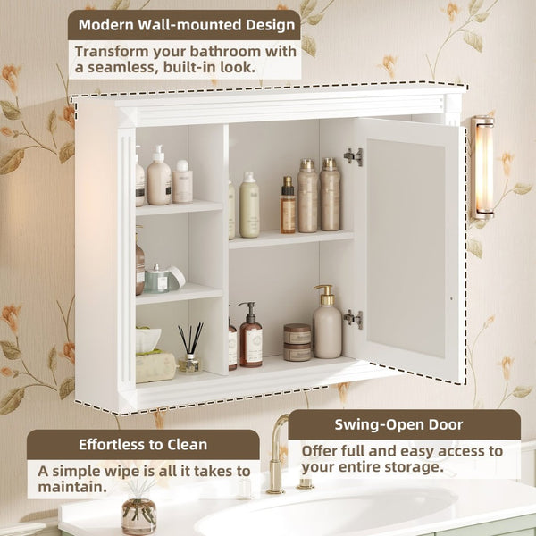 English Elm 42'' Wall Mount Medicine Cabinet White Mdf Mirror Door Six Open Shelves Towel Rod N710P363544K
