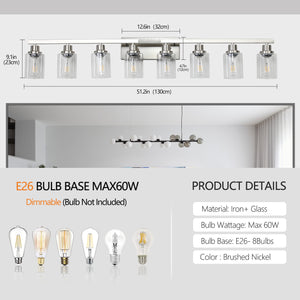 English Elm 51" Brushed Nickel 8-Light Bathroom Vanity Fixture with Clear Glass Shades, Modern Wall-Mount Lighting W2312P374798