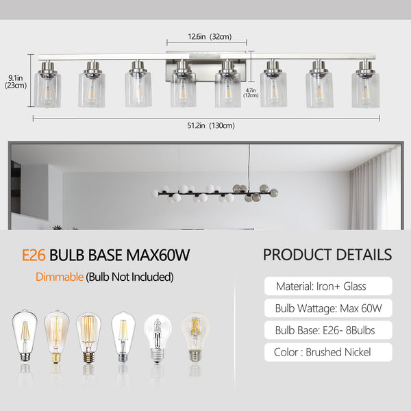 English Elm 51" Brushed Nickel 8-Light Bathroom Vanity Fixture with Clear Glass Shades, Modern Wall-Mount Lighting W2312P374798