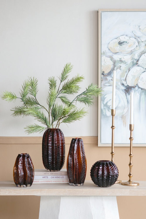 English Elm D6.7x6" Textured Round Glass Vase Amber Finish — Modern Art-Inspired Accent, Decorative Centerpiece, 8"H W2078P357248