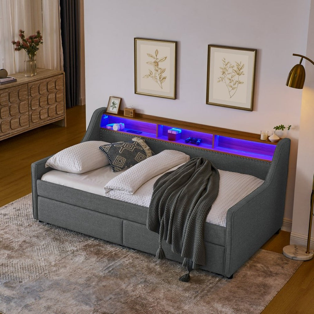 English Elm Twin Size Upholstery Sofa Bed With Led Lights & Storage Drawers, Wireless Charging, Grey Linen Design W1413S00055-GIGA