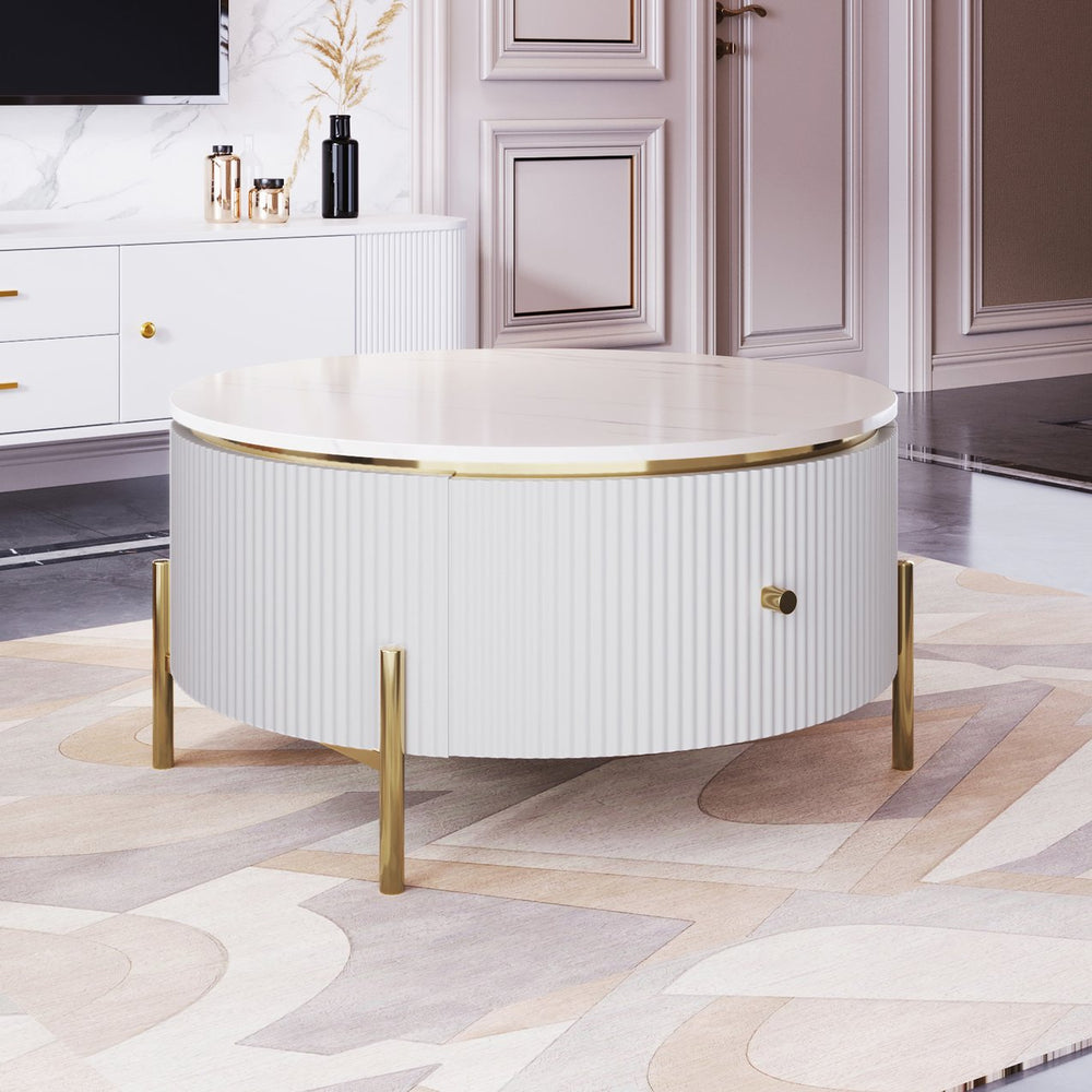 English Elm Modern Round Coffee Table with 2 Large Drawers, Marble-Pattern MDF Top & Gold Legs for Stylish Storage N735P211280K