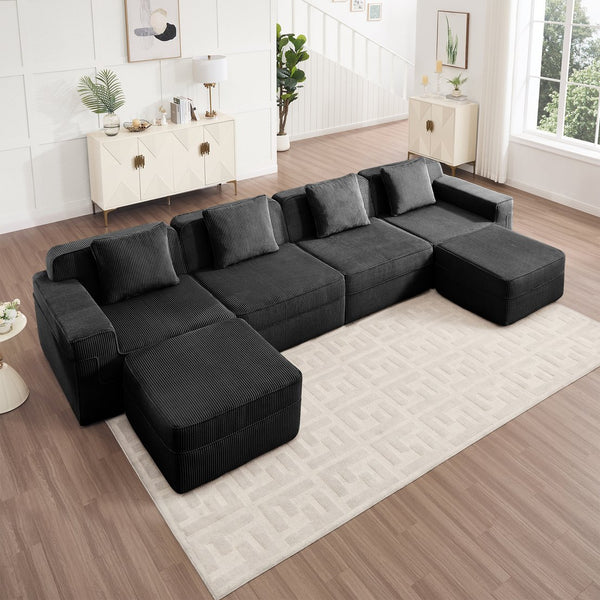 English Elm Modular U-Shaped 4-Seat Sectional Sofa With Movable Ottomans & Plush Pillows, Cloud-Like Comfort W3041S00329
