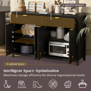 English Elm Modern Wave-Pattern Sideboard Cabinet with 2 Drawers 4 Doors 3 Adjustable Shelves Aluminum Handles Stylish Storage for Entryway and Living Room Black N711P269068B