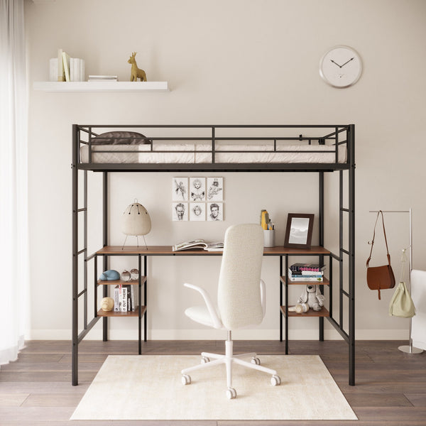 English Elm Twin-size Loft Bed with Built-In Table & Shelves, Heavy-Duty Metal, Noise-Reducing EVA, Safe Guardrail W42752472